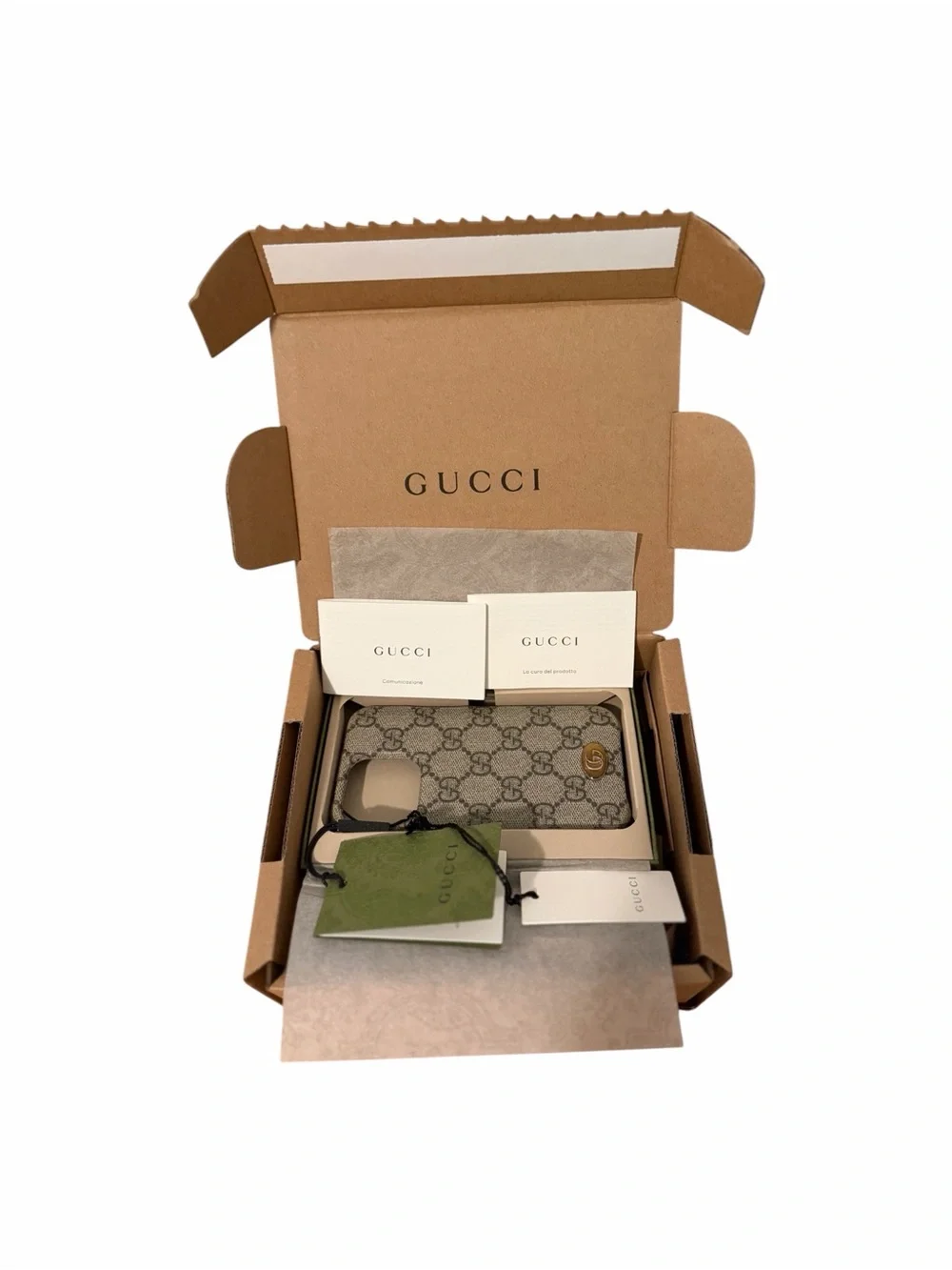 Gucci Beige Monogram GG Canvas iPhone Case with Gold Logo fits 13 Pro or 16 Pro